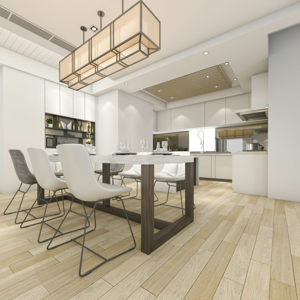 3d rendering beautiful modern white kitchen and dining room